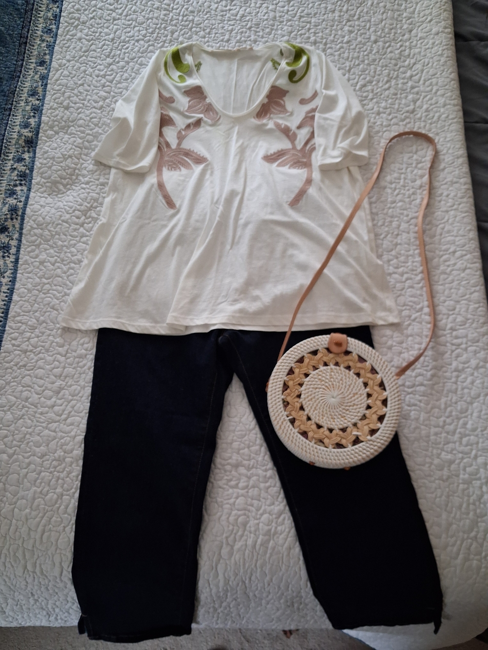 Schumacher White Short Sleeve Top and Mango 3/4 Jeans